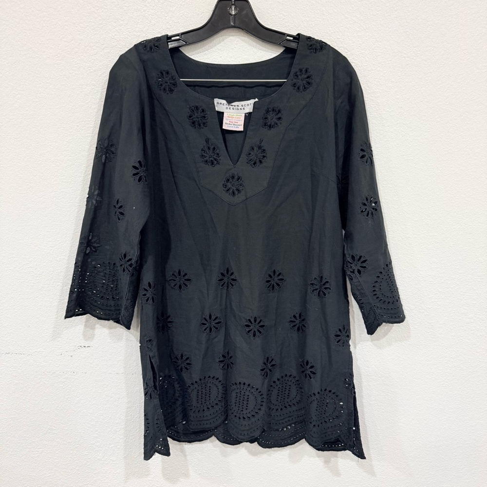 Gretchen Scott Eyelet Embroidered Black Tunic Blouse Women’s Size Small